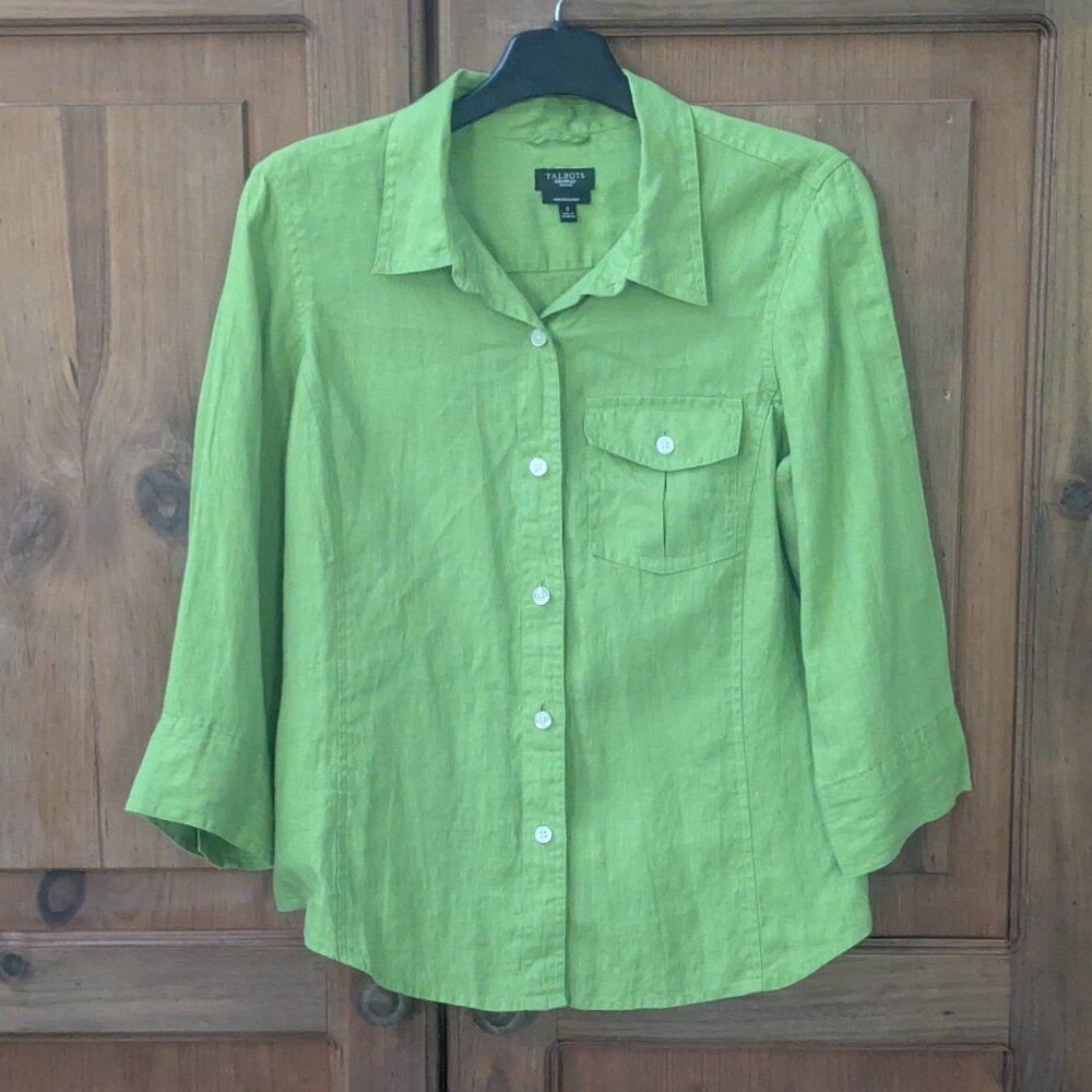 Talbots Pure Irish Linen Lime Green 3/4 Sleeve Button Down Collared Shirt Size S